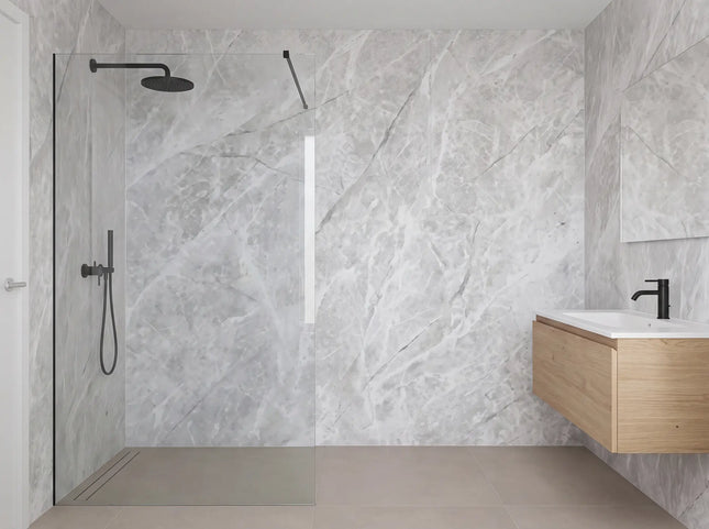 PVC wandpaneel 280x122 Scratched Light Grey Marble - sample